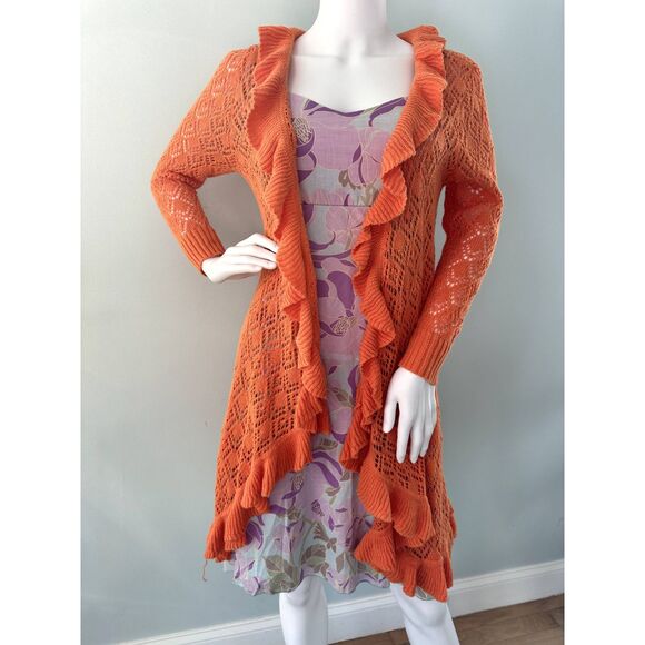 Vintage Y2k Bright Orange Ruffle Knit Open Long Cardigan Boho Sweater size M - Picture 1 of 4